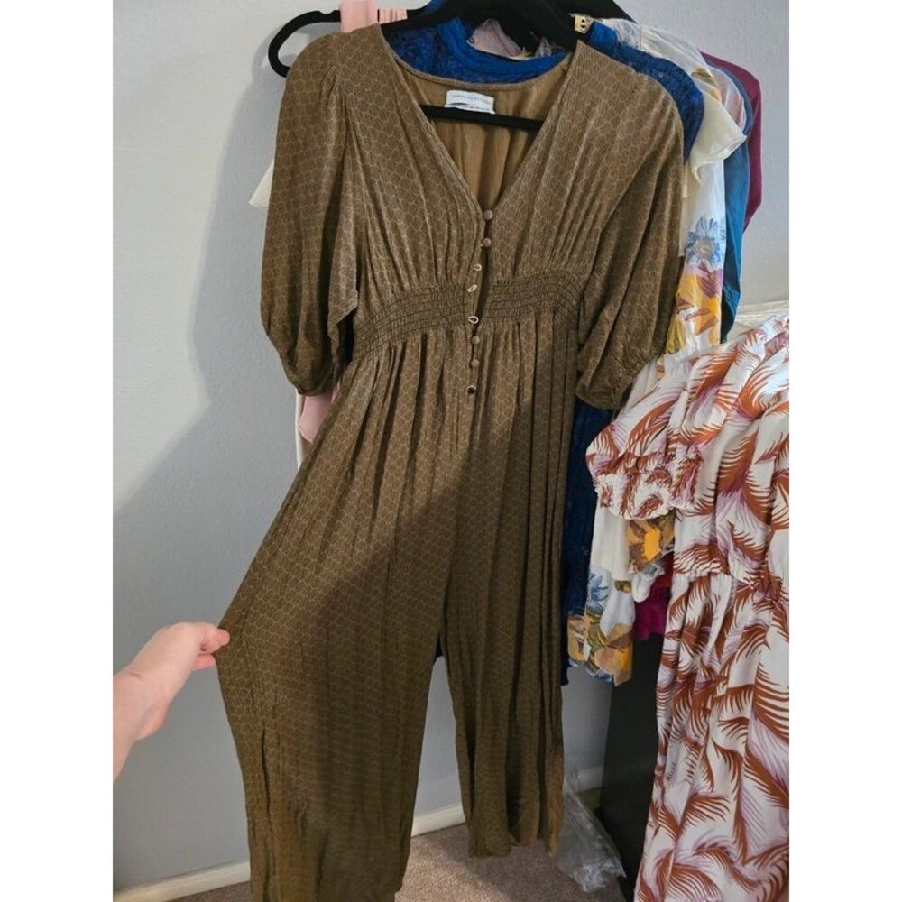 UO Zimi Plunging Puff Sleeve Crinkle Jumpsuit XS